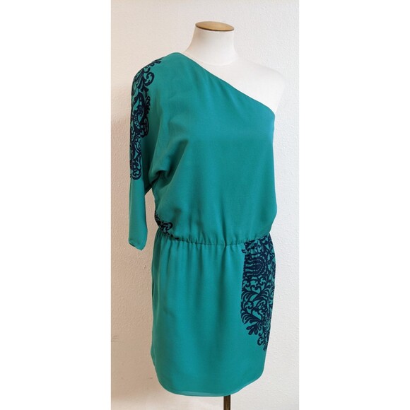 NWT~TIBI 100% Silk Teal Green w/Blue Design One-Shoulder Party Occasion Dress  4 - Picture 2 of 11